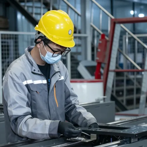 Arbeiter überprüfen die Maschine